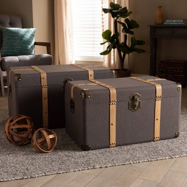 2pc Stephen Fabric Upholstered Trunk Set Dark Brown oak Brown Baxton Studio