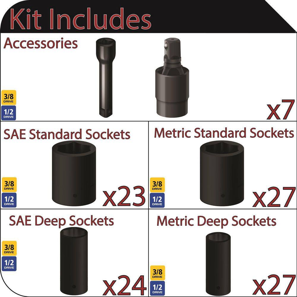 Husky 38 in. and 12 in. Drive Master Impact Socket Set (108-Piece) H23D108IMPSC