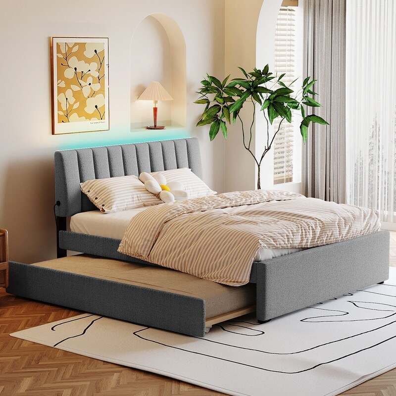 Teddy Fleece Full/Queen Size Upholstered Platform Bed with Trundle  Smart LED Bed Frame with Headboard and Wooden Slats Support