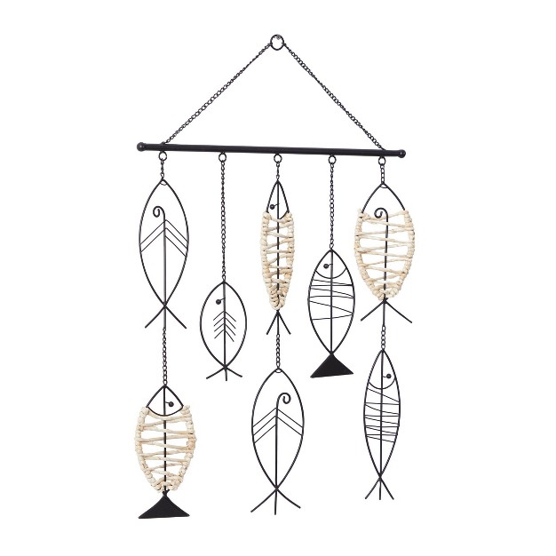 Metal Fish Indoor Outdoor Wire Wall Decor With Rattan Accent Black Olivia amp May