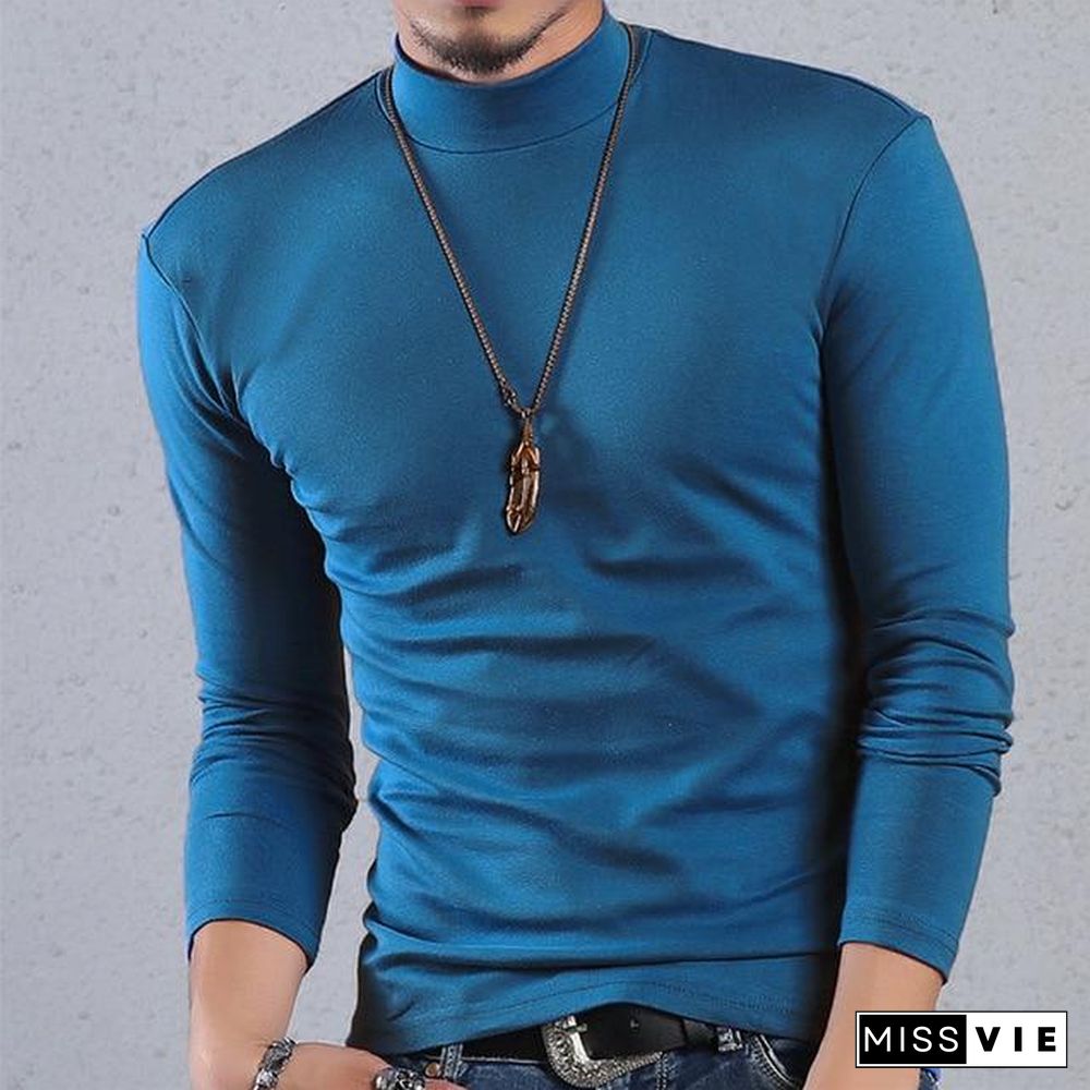 Half Turtleneck Men T-Shirt Casual Long Sleeve T Shirt Men Plus Size 6XL Fitness Tight Tee Shirt Men