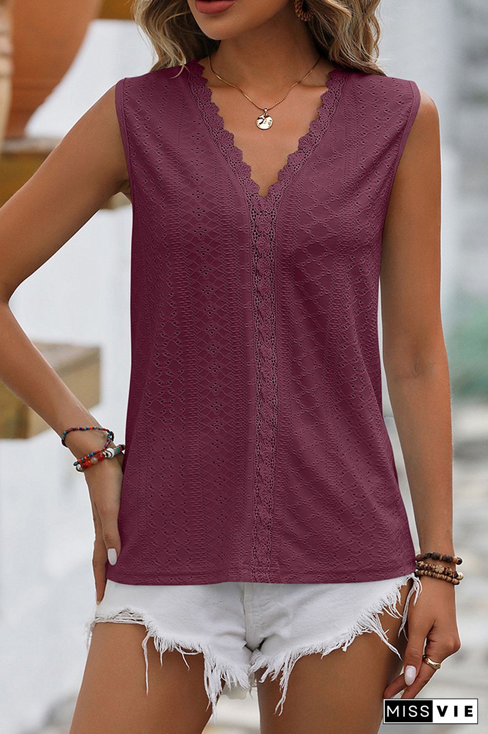 Plain V Neck Lace Edge Eyelet Pattern Tank Top