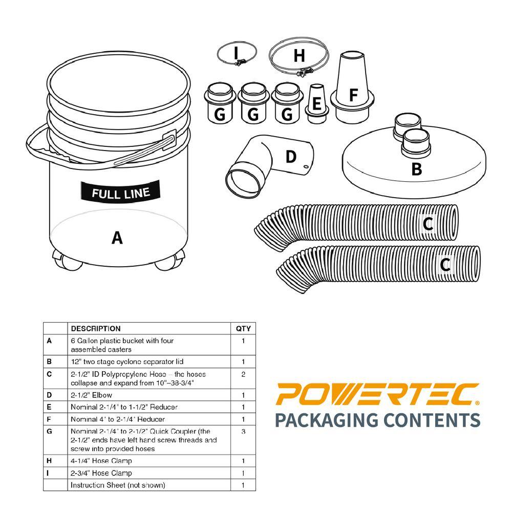 POWERTEC 4 in. Cyclone Dust Collector and Separator Kit with Clear 6 Gal. Dust Bucket Hoses Reducers Couplers and Hose Clamps 70293