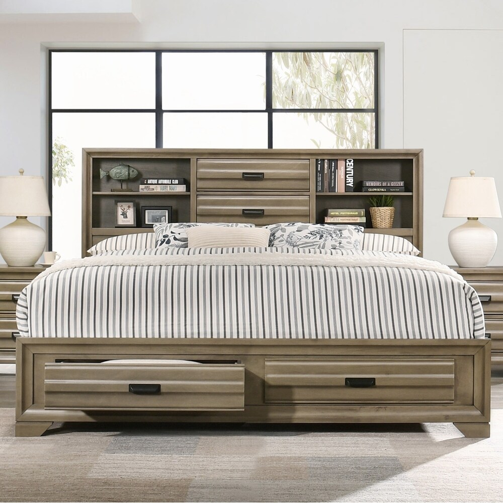 Roundhill Furniture Loiret Rubbed Gray Oak Finish Wood Storage Platform Bedroom Set with Dresser  Mirror  Two Nightstands  Chest