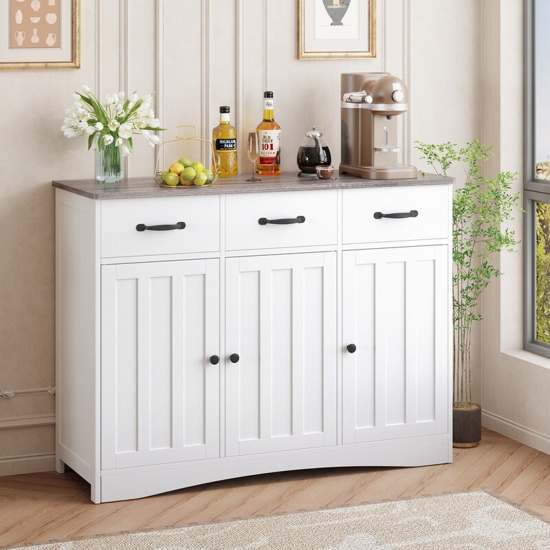 Farmhouse Storage Cabinet with 3 Drawers  Wood Buffet Sideboard with Adjustable Shelf