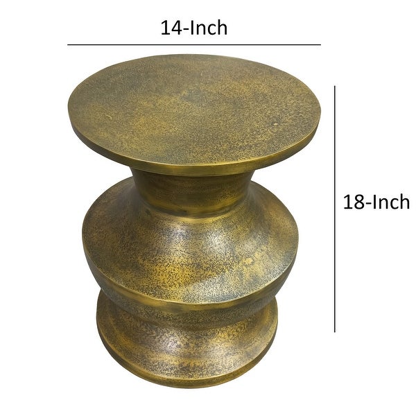 18 Inch Round Accent Side End Table， Turned Pedestal Base， Aluminum， Antique Gold Brass