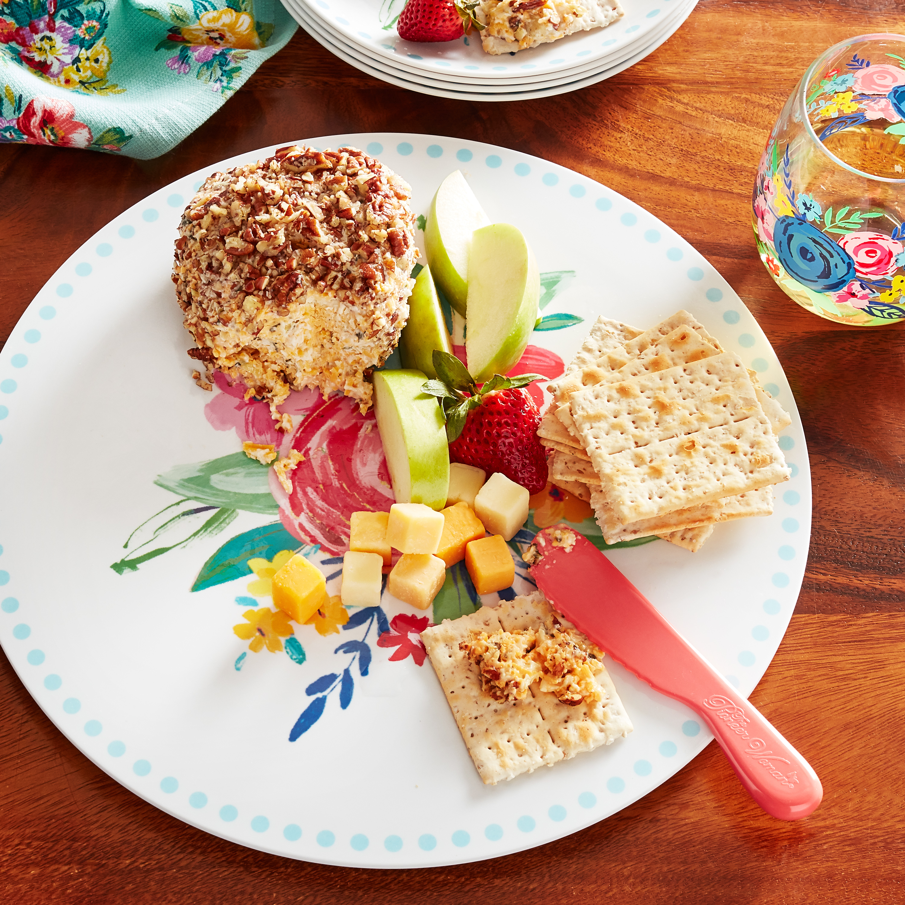 The Pioneer Woman Presentation and Cheese Board with Knife， Pink Floral