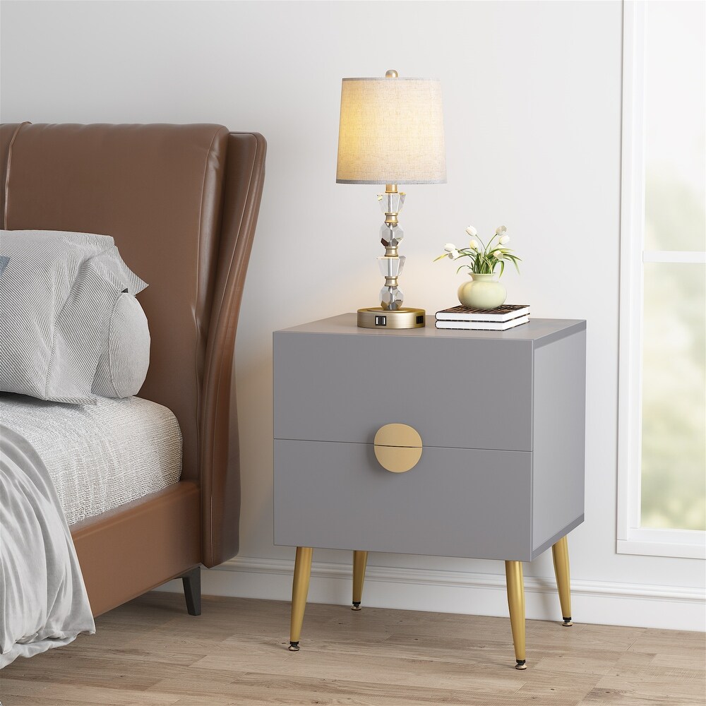 Dark Grey Wood Modern Nightstand with 2 Drawers  White/ Gold Mid century Contemporary Bedside Table with Storage