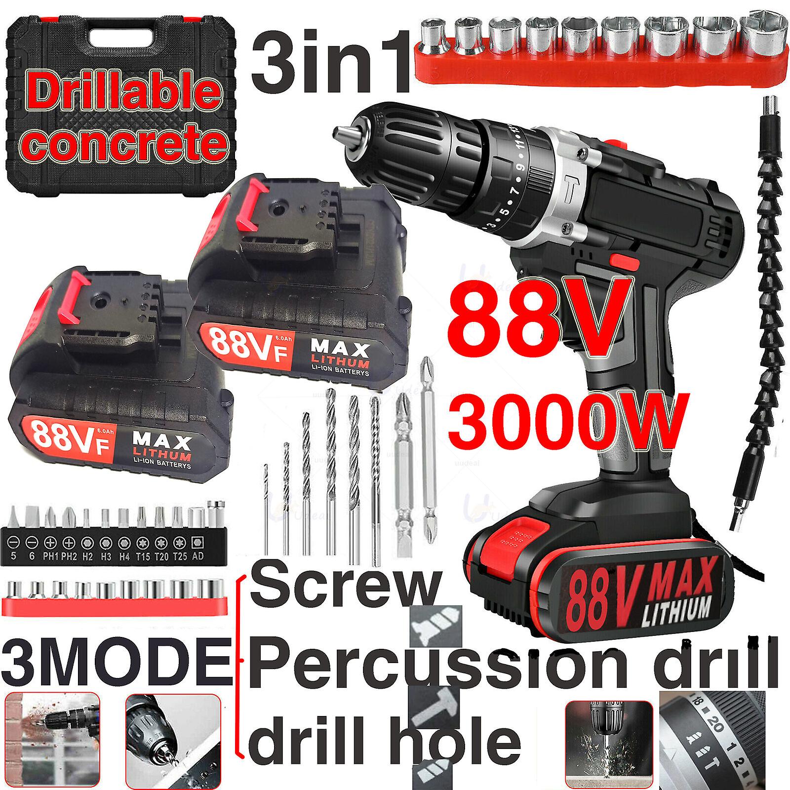 88v 48vcordless Drill Heavy Duty Impact Driver Kit Brushless Hammer +2 Battery