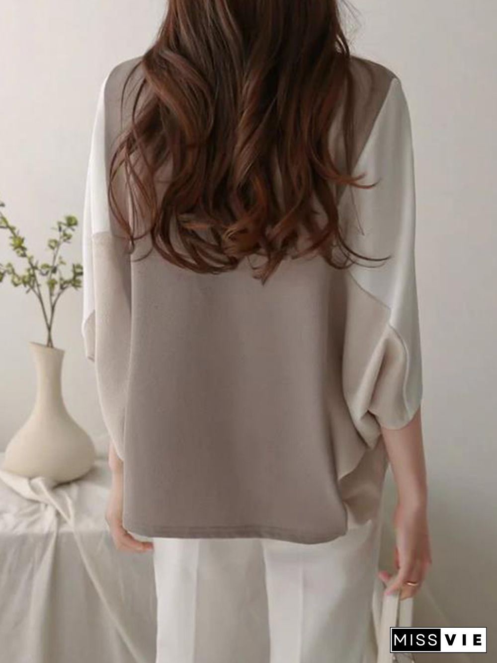 Batwing Sleeves Loose Contrast Color Split-Joint Round-Neck T-Shirts Tops