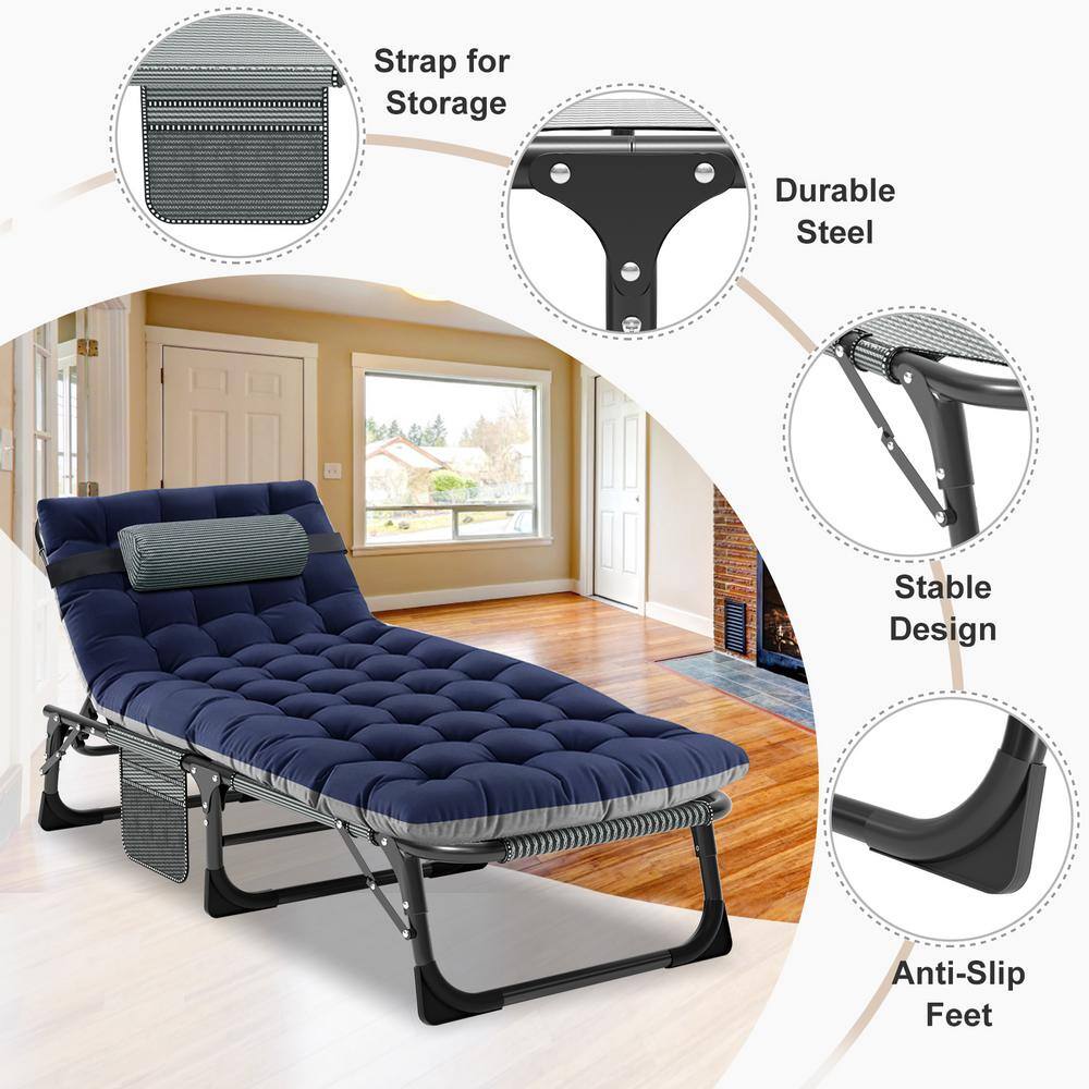 BOZTIY Adjustable 4-Position Adults Reclining Folding Chaise with Pillow Folding Camping Cot Lounge Chair Sleeping Cots Bed K16SZC-N21