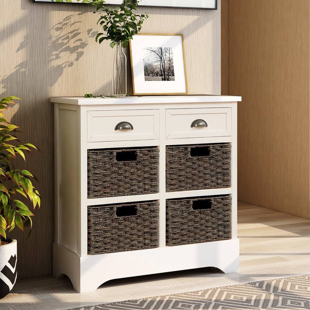 Rustic Storage Cabinet with 2 Drawers and 4 Classic Rattan Basket