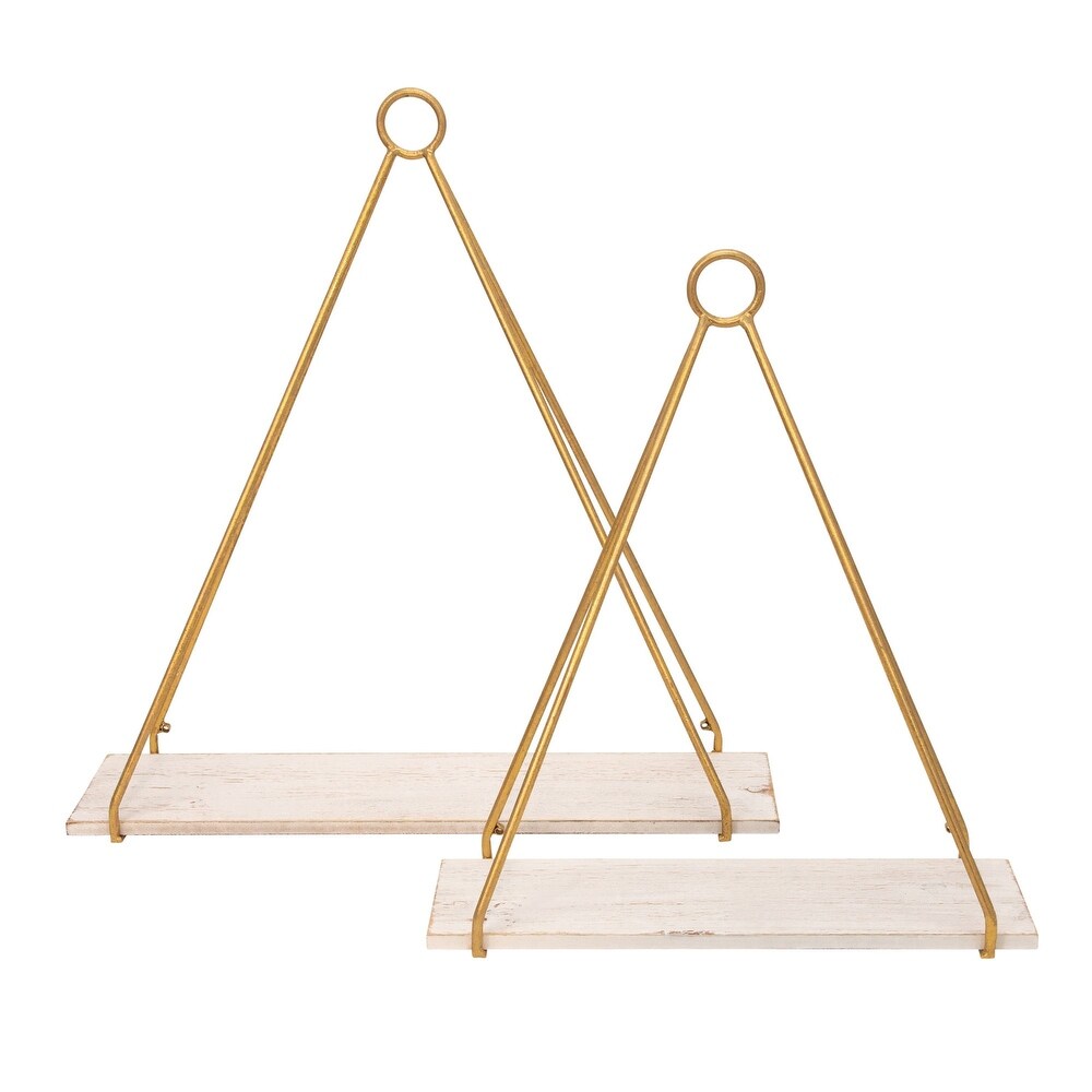Set of 2 White and Gold Triangle Decorative Wall Shelves 24\