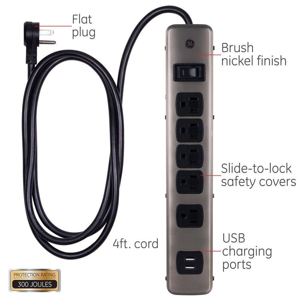 GE 5-Outlet 2-USB Port Surge Protector with 4 ft. Extension Cord Brushed Nickel 25428