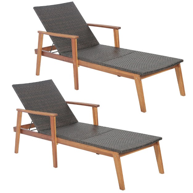 Costway 2pcs Patio Rattan Chaise Lounge Chair Recliner Back Adjustable Acacia Wood