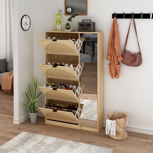 Shoe Cabinet Shoe Rack Storage Organizer with 4 Filp Drawers， Mirror and Storage Shelves - - 36967097