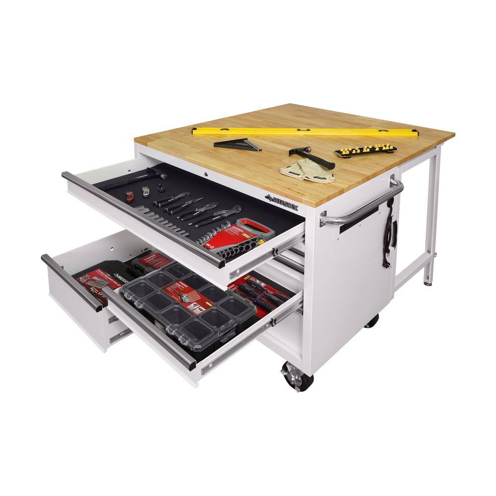 🎉Limited Time Offer🎉CZHusky 46 in. W x 51 in. D Standard Duty 9-Drawer Mobile Workbench with Solid Top Full Length Extension Table in Gloss White HOTC4609BJ5M