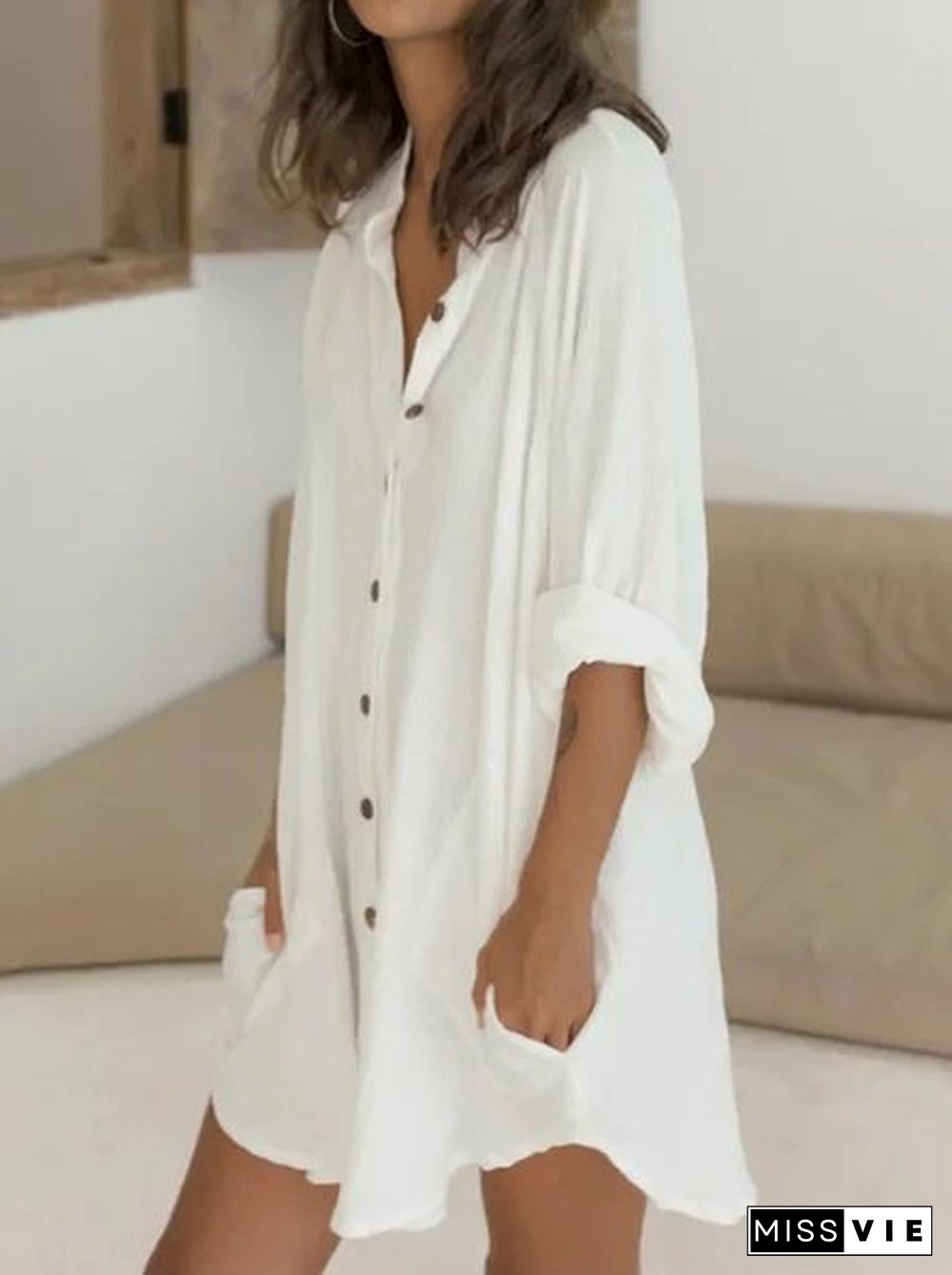 Women Casual Half Sleeve Linen Plain Mini Dresses