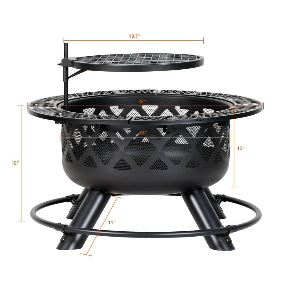 HeatMaxx Outdoor Wood Burning Fire Pit Backyard with Cooking Grill， 32 in. Black， Mini Ranch Fire Pit SRFP9624