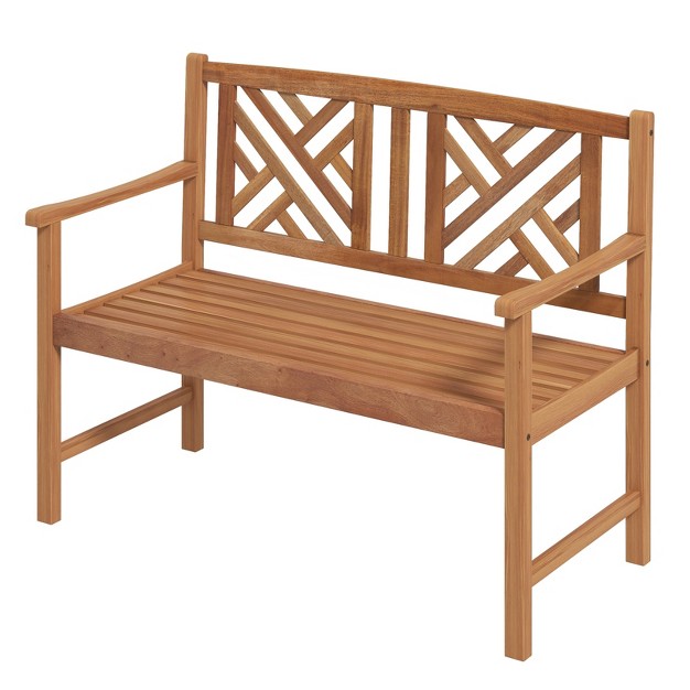 Tangkula 2 person Acacia Wood Bench Outdoor Slats Loveseat Chair With Armrest 800lbs Load Capacity Comfortable Patio Chair