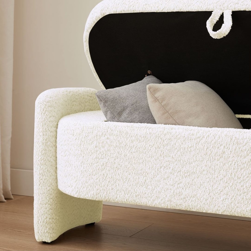 Ottoman Oval Storage Bench Lamb Fleece Fabric Bench with Large Storage