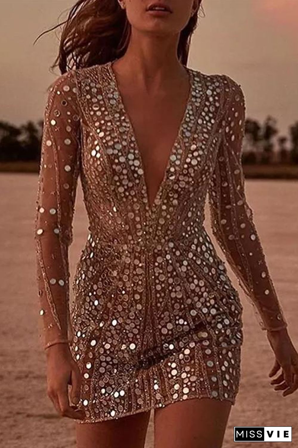 Deep V Neck Sequin Party Queen Dress