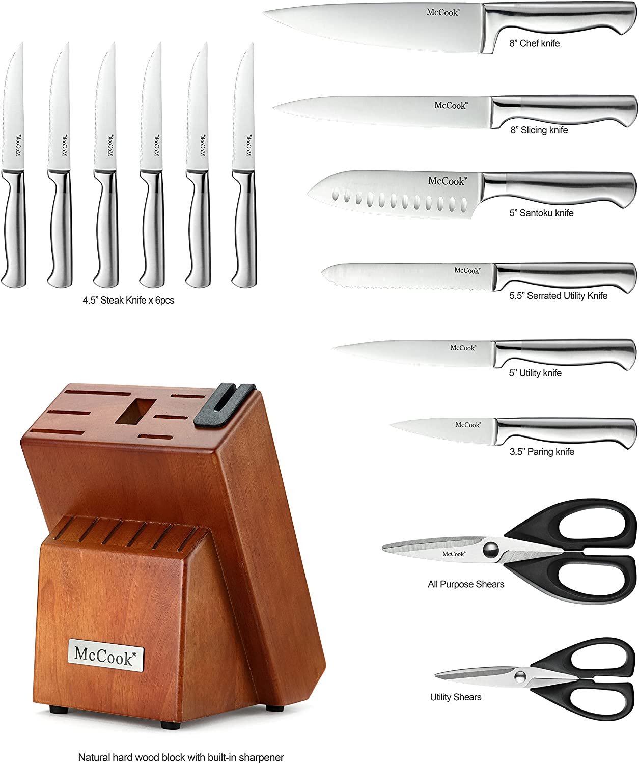 McCook MC29 Knife Sets，15 Pieces German Stainless Steel Kitchen Knife Block Sets with Built-in Sharpener