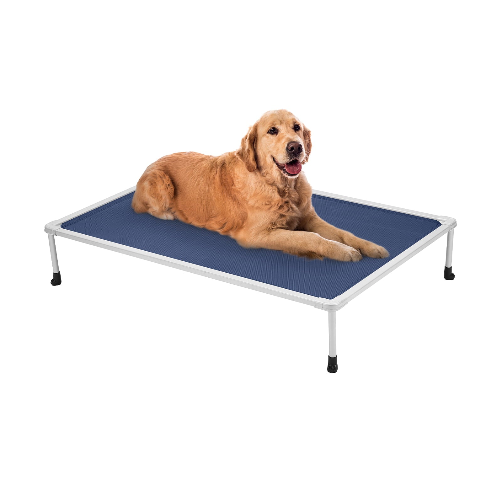 Veehoo Chewproof Dog Bed， Cooling Raised Dog Cots with Silver Metal Frame， Large， Blue