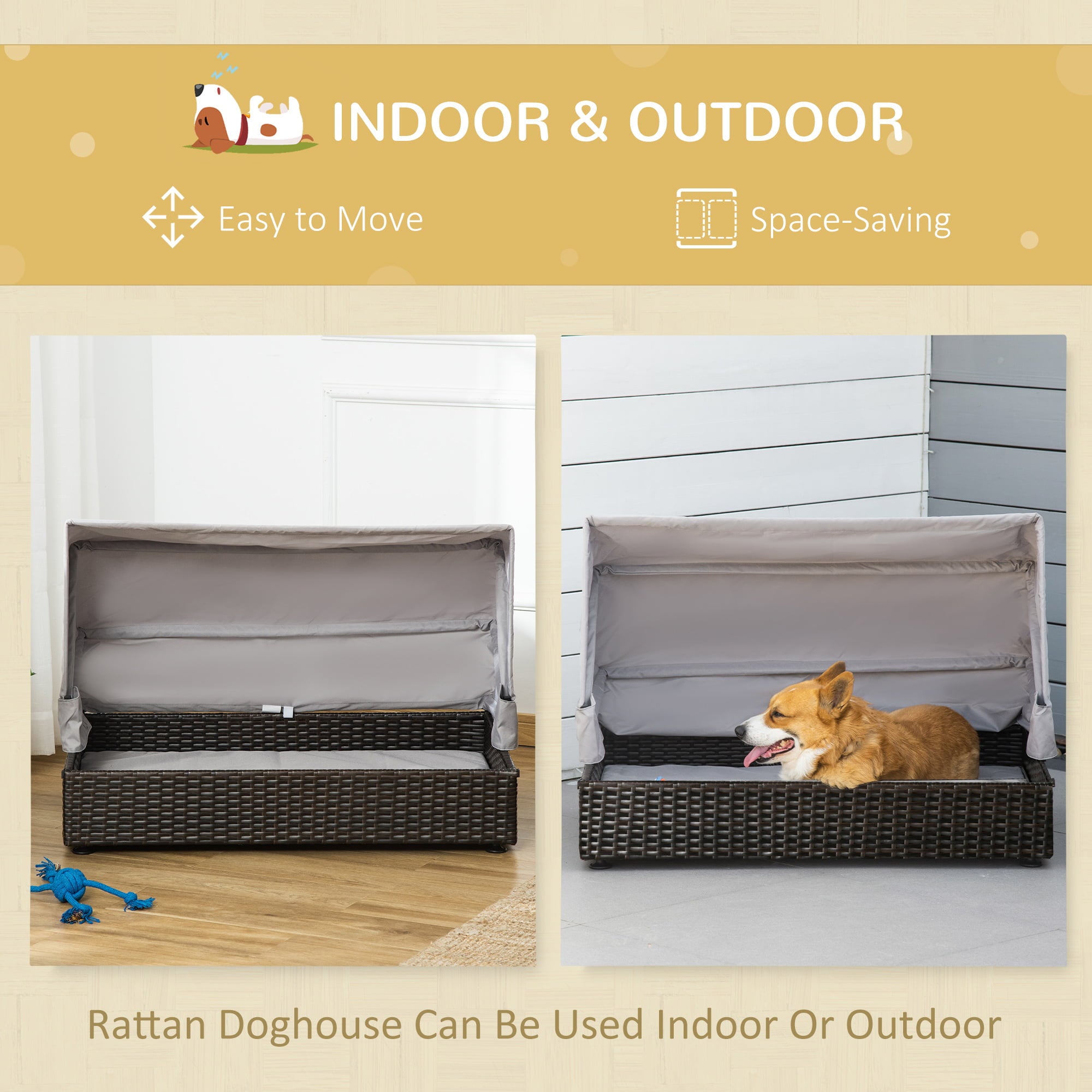 PawHut Rattan Dog Bed， Elevated Pet Sofa， Wicker Cat House， Indoor/Outdoor Use， for Garden Patio with Foldable Canopy， for Small or Medium-Sized Pets， Coffee