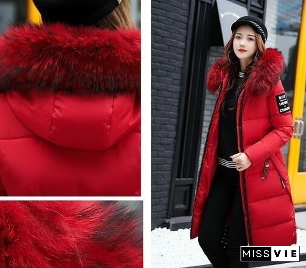 Winter New Woman Hooded Slim Large Fur Collar Long Ladies Cotton Coat Thick Coat Plus Size S-5XL