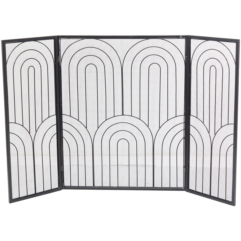 The Novogratz Black Metal Art Deco Inspired Foldable 3 Panel Geometric Fireplace Screen with Mesh Netting