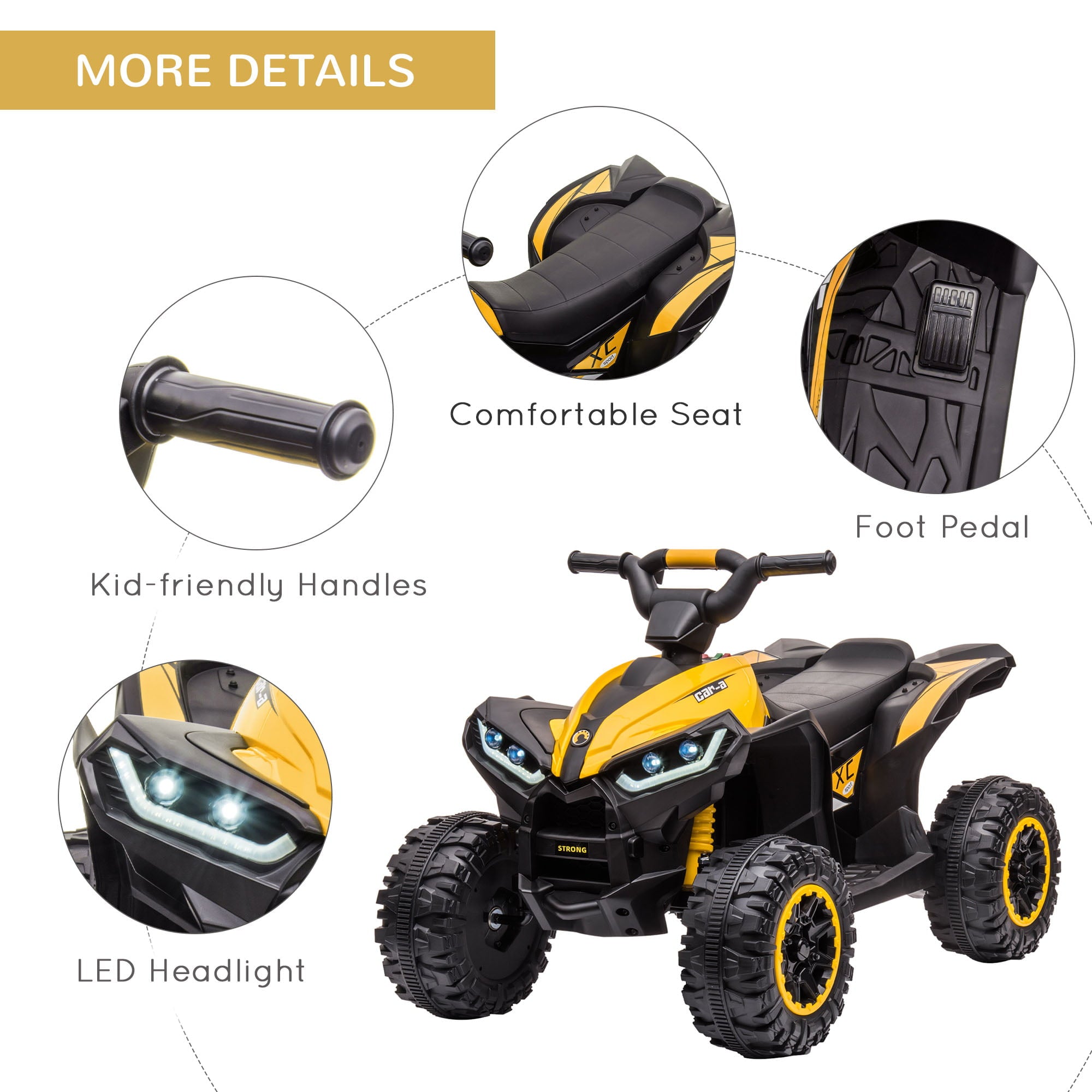 Aosom 12V Kids ATV Quad Car with Forward & Backward Function, Four Wheeler for Kids with Wear-Resistant Wheels, Music, Electric Ride-on ATV for Toddlers Ages 3-5 Years Old, Yellow