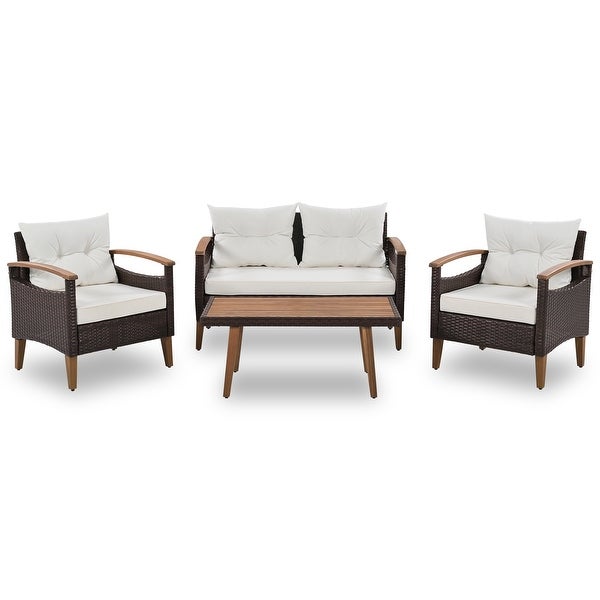 4-Piece Garden Furniture， Patio Conversation Sets， PE Rattan Outdoor Sofa Seating Set with Wood Table and Adjustable Legs Design - Overstock - 37853223