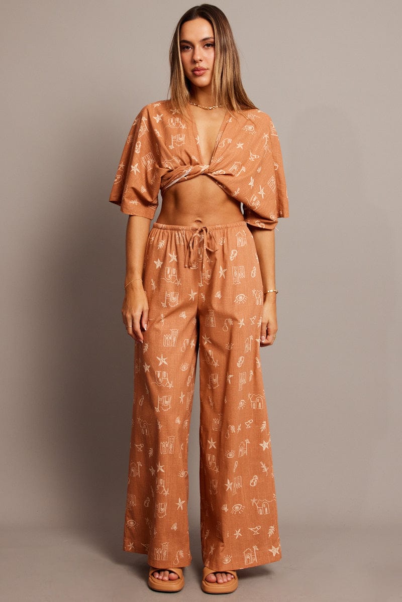 Brown Abstract Wide Leg Pants High Rise