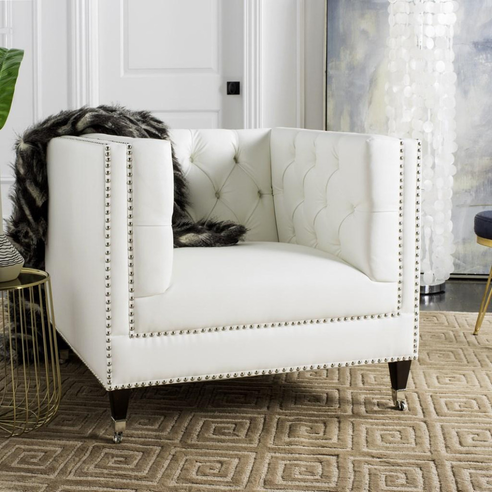 Burrell Tufted Leather Chair  White   Transitional   Armchairs And Accent Chairs   by Rustic Home Furniture Deco  Houzz