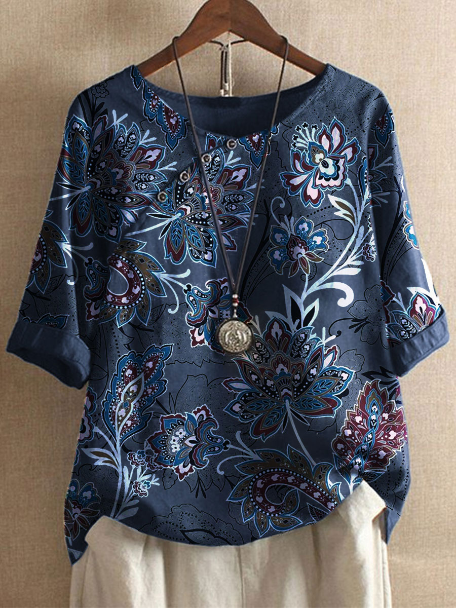 Round Neck Casual Loose Paisley Print Short Sleeve Blouse