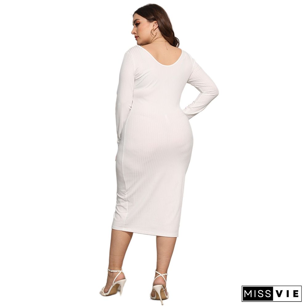 Knitting Long Sleeve Solid Color Plus Size Dress