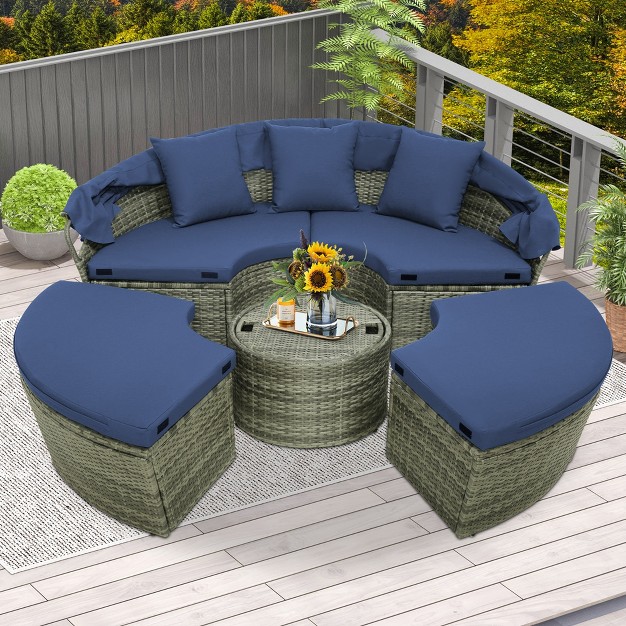 Costway Patio Rattan Daybed Outdoor Sectional Seating With Side Table amp Retractable Canopy