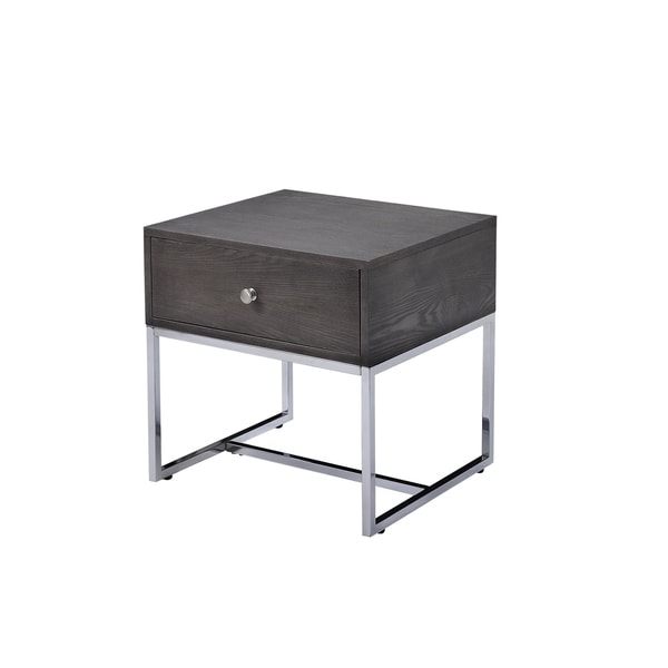 Wooden End Table with Tubular Metal Base and Spacious Drawer， Gray and Silver