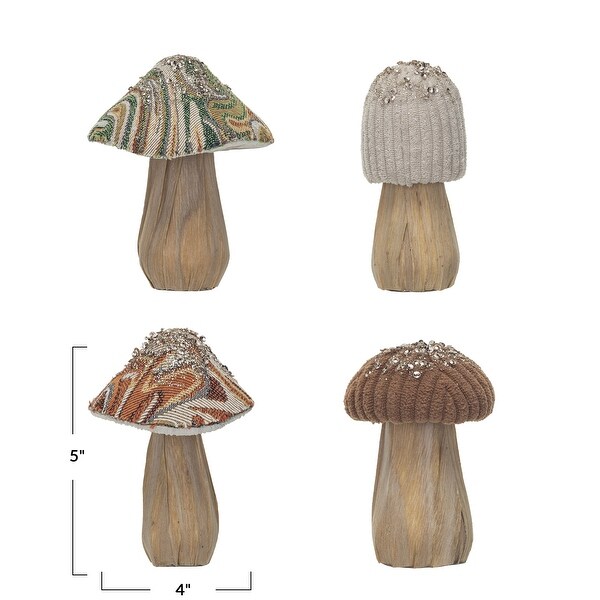 Fabric Topped Foam Mushrooms with Wood Base，Sequins，and Glitter，Set of 4