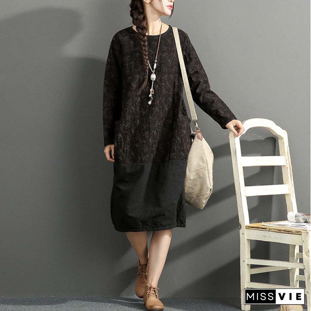 new black prints cotton dresses oversize long sleeve thick warm women dress