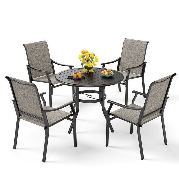 MAISON ARTS 5/7Piece Patio Dining Set，Round Metal Table and 4/6 Textilene Fabric Padded Armchairs