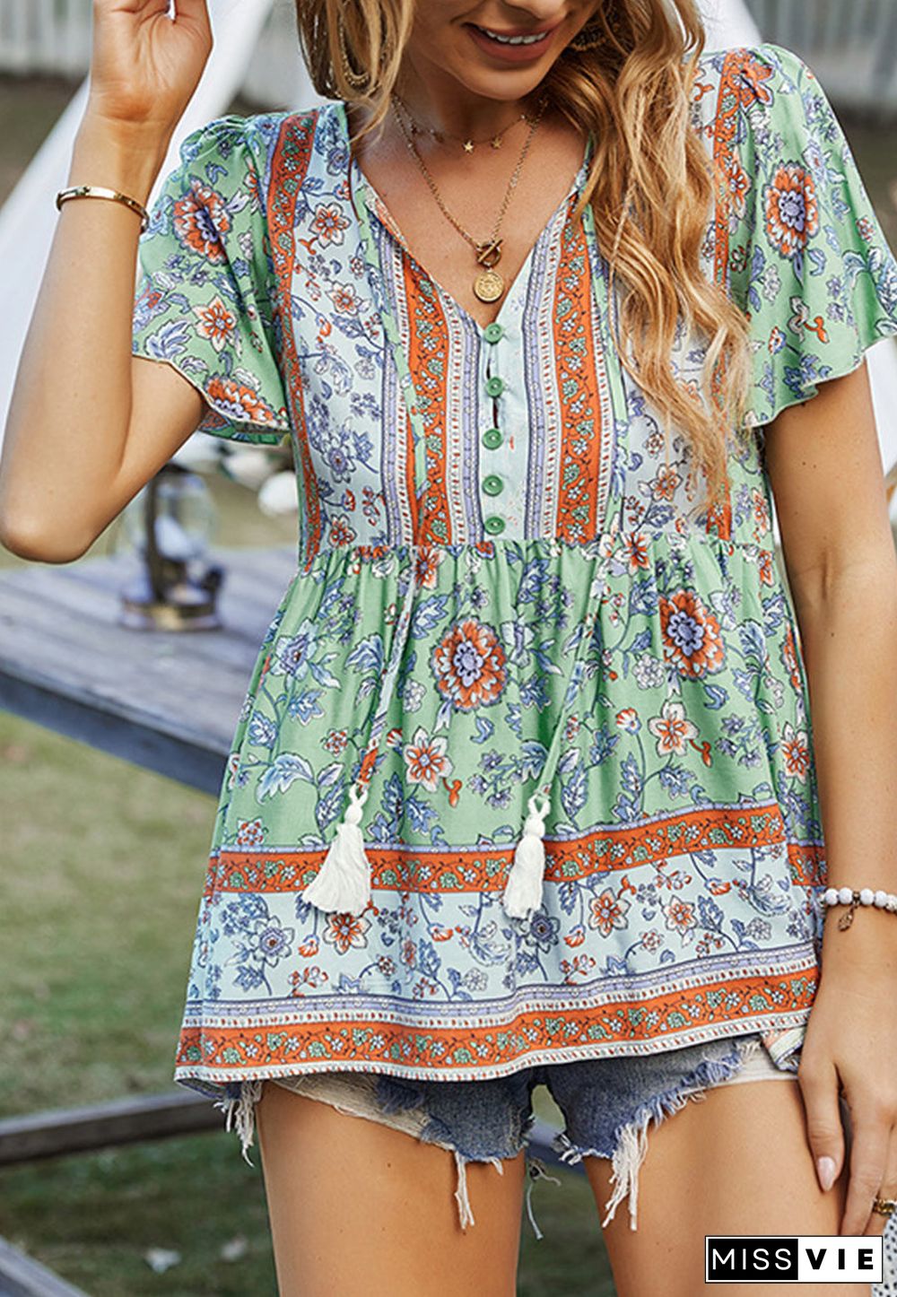 Tie V Neck Peplum Boho Blouse