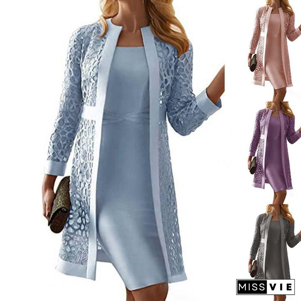 Plus Size Women Outfit Solid Color Lace Cardigan Long Sleeve Knee-Length Dress Coat Set Office Fashion Elegant Dress Sets