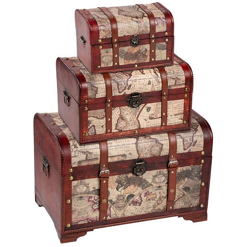 Set of 3 Wooden Storage Chest and Vintage Trunks， Victorian Map Print (Large， Medium and Small)