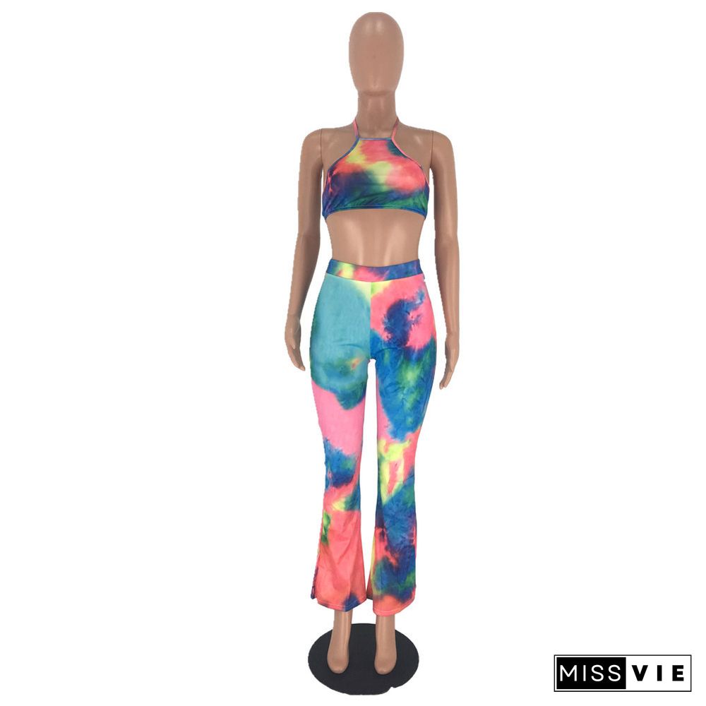 Tie Dye Sexy Halter Backless Crop Top Long Pants 2 Piece Set