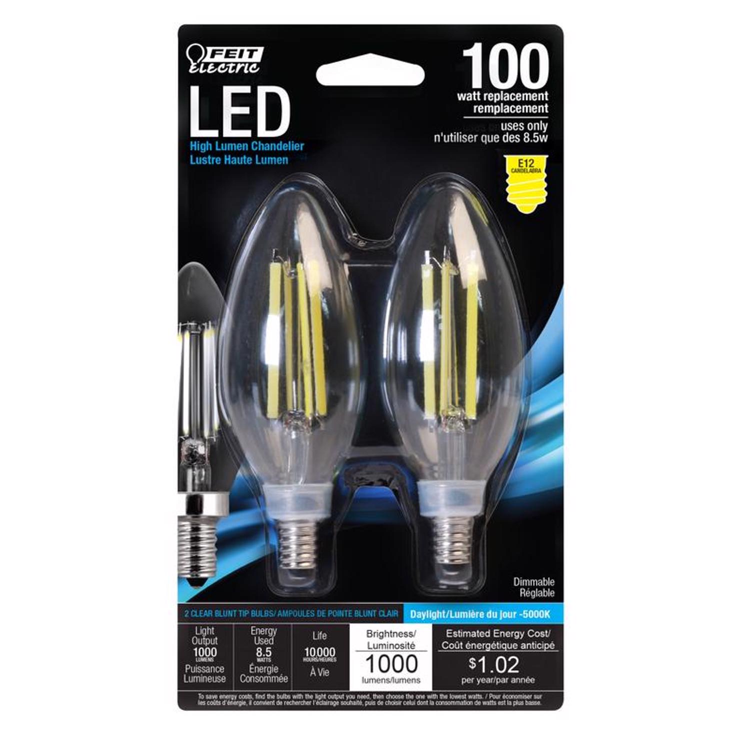 Feit LED Blunt Tip E12 (Candelabra) LED Bulb Daylight 100 Watt Equivalence 2 pk