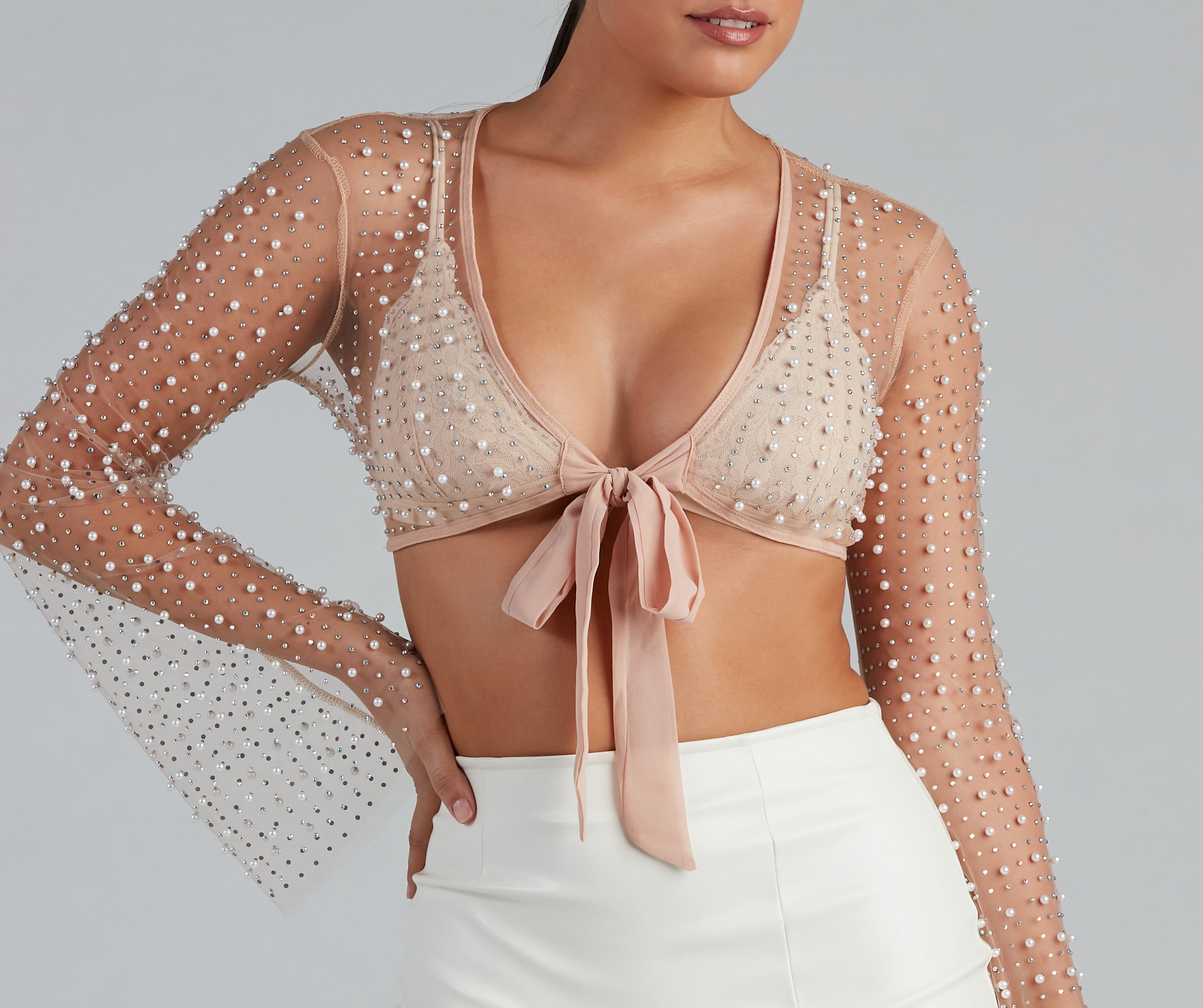 Glowing Glam Pearl Tie Front Top