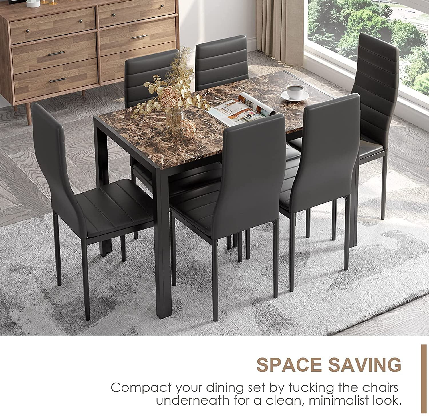 Increkid 7 Piece Kitchen Dining Table Set with 6 PU Leather Chairs