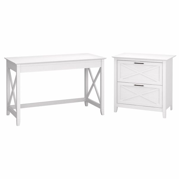 Bush Furniture Key West 48W Writing Desk with 2 Drawer Lateral File Cabinet in Pure White Oak